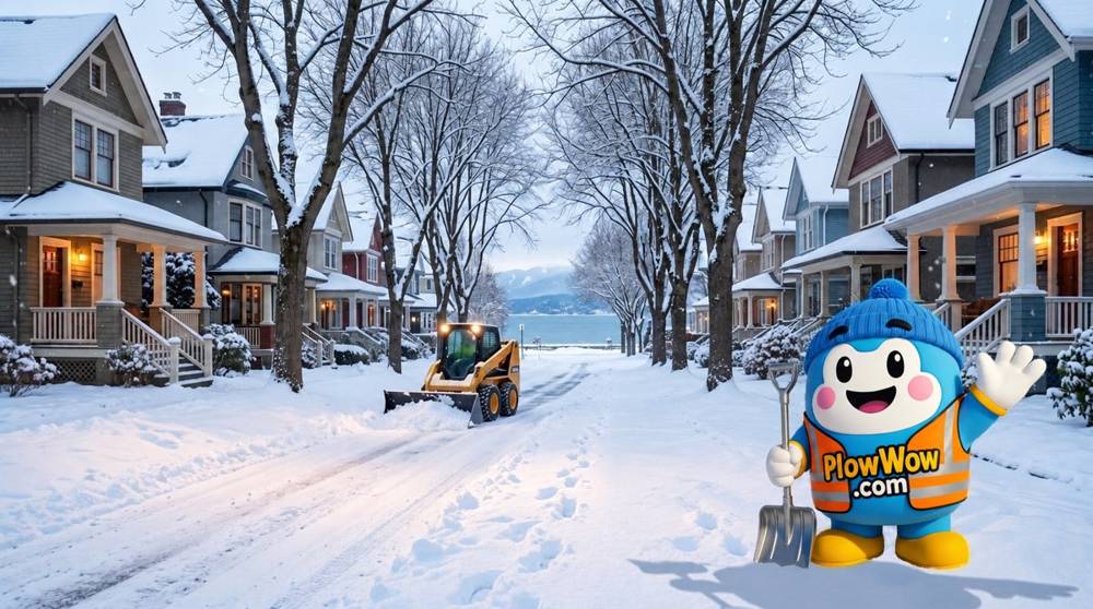 PlowWow mascot in an illustrative snowy Kitsilano neighbourhood scene