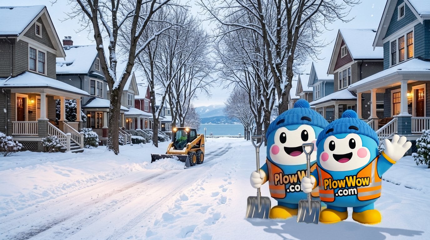 PlowWow Wow mascots in an illustrated snowy Kitsilano street scene