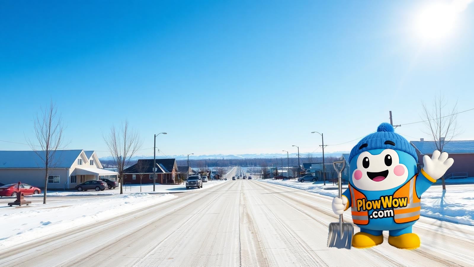 Ladner Delta snow removal — PlowWow mascot waving on a plowed Delta Street heritage-village sidewalk with snow-dusted shopfronts and farmland at blue-hour dawn