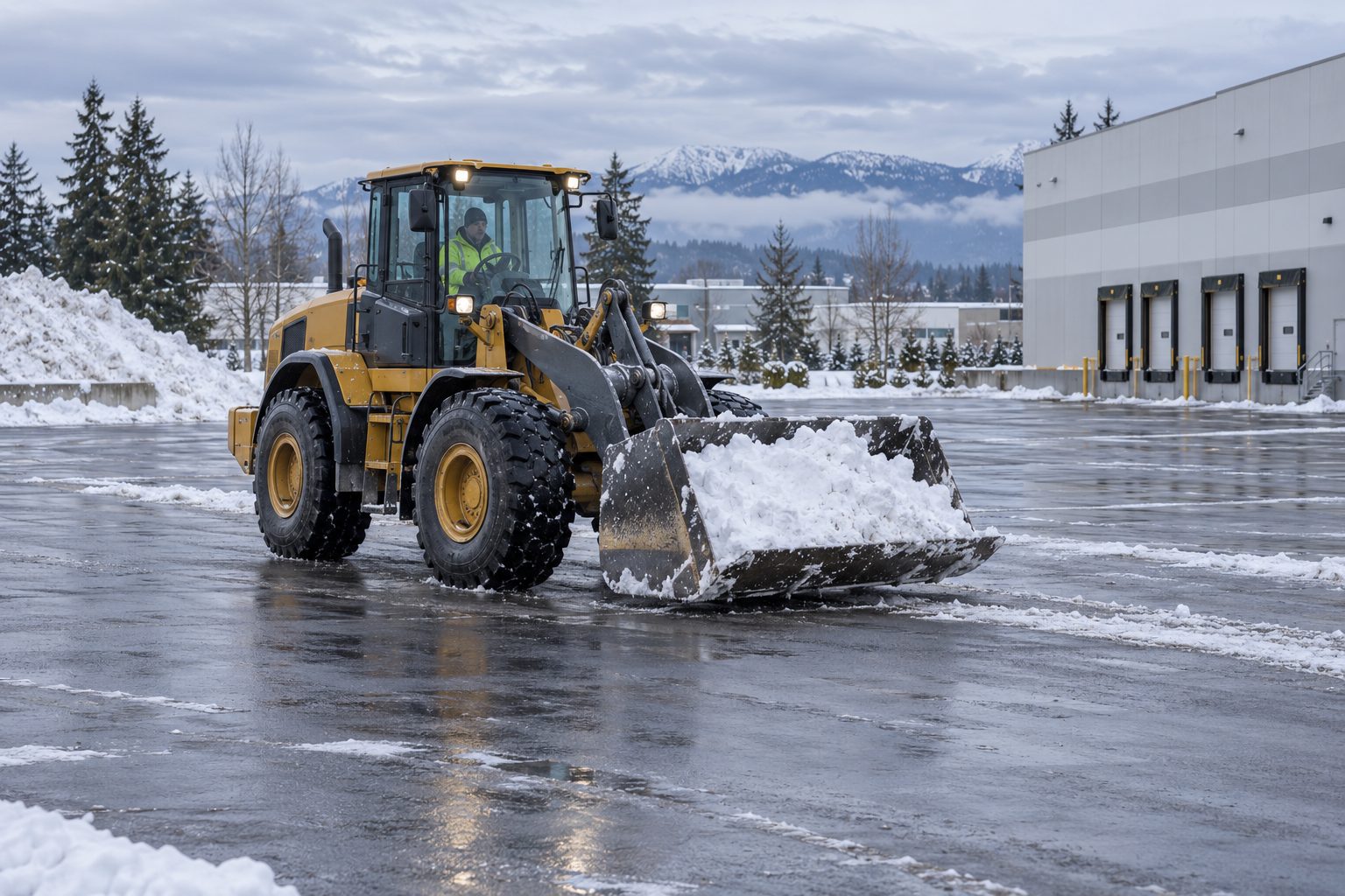 A front-end wheel loader carrying snow low in its bucket across an open commercial lot toward a designated storage area away from loading doors