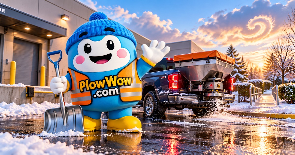 The approved PlowWow Wow mascot in an original illustrated coastal winter scene