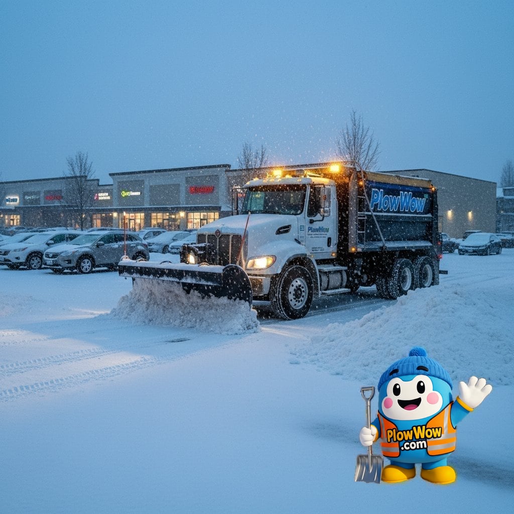A PlowWow commercial plow truck clearing a Langley strata complex during a heavy winter snowfall event