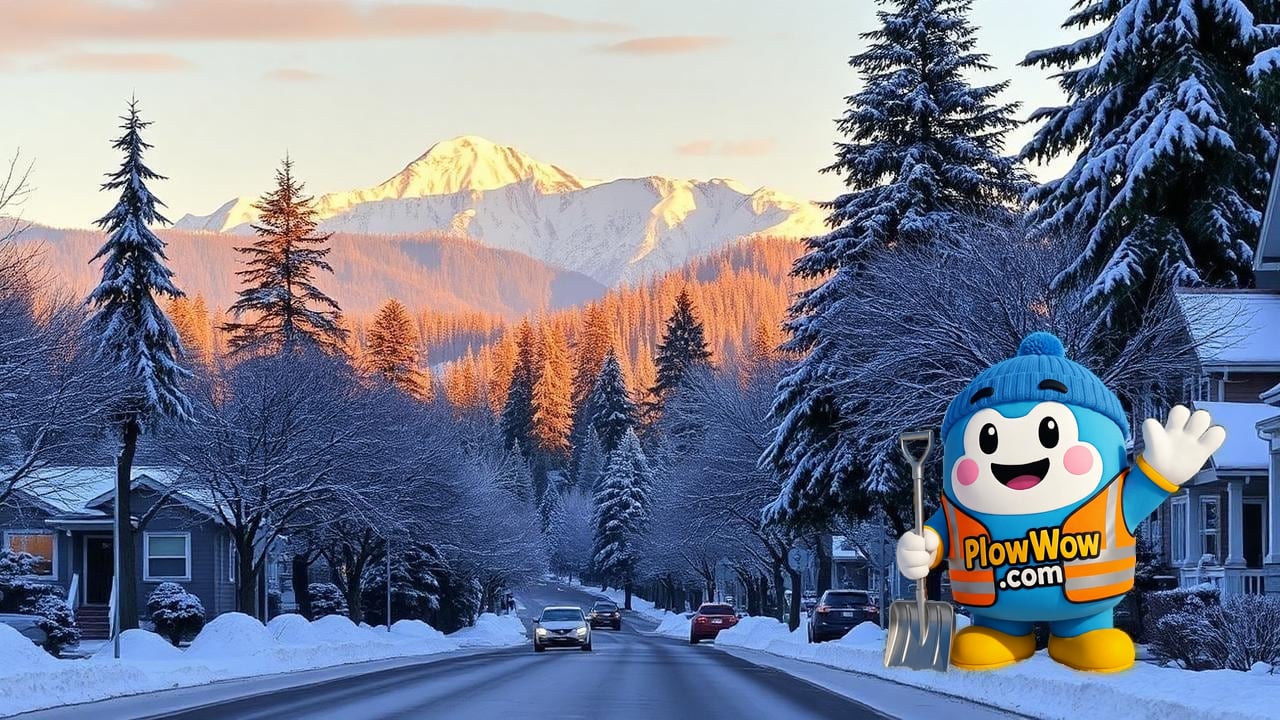 PlowWow plow truck clearing a snowy Lynn Valley residential street with cedar trees and North Shore mountains behind