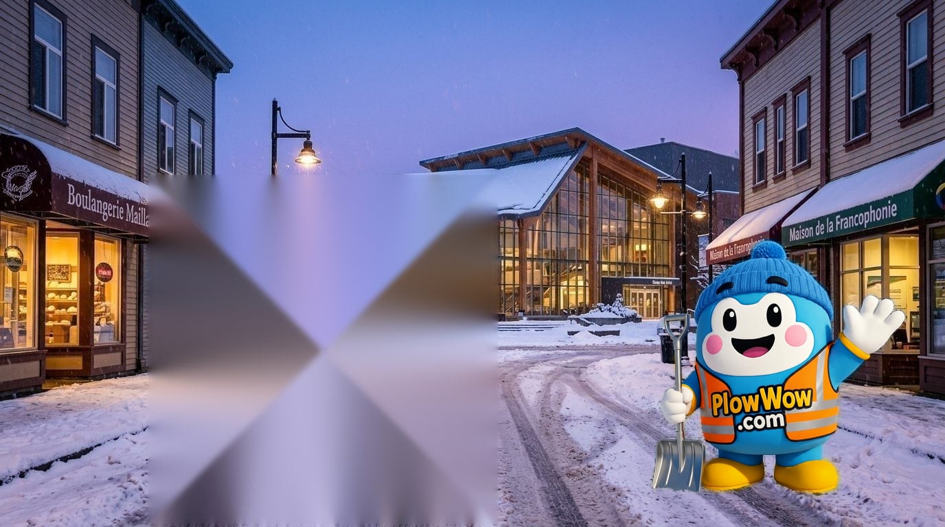 Maillardville Coquitlam snow removal — PlowWow mascot waving on a Maillardville Brunette Avenue at blue dawn with plowed heritage francophone storefronts and snow-dusted Place des Arts