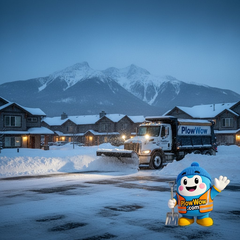 A PlowWow commercial plow truck clearing a Maple Ridge strata complex during a heavy winter snowfall event