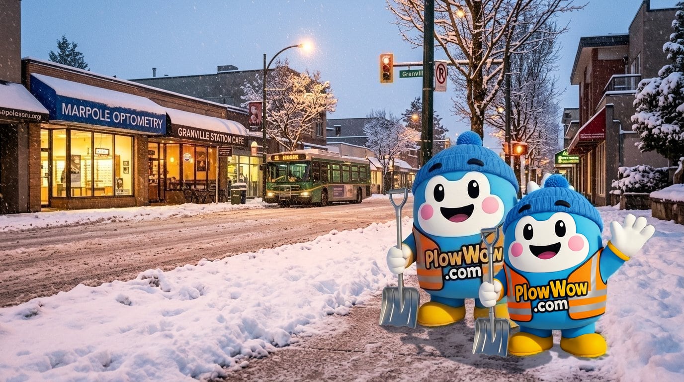 Marpole Vancouver snow removal — PlowWow mascot waving in front of plowed and salted sidewalks along Granville Street with lit-up storefronts and falling snow