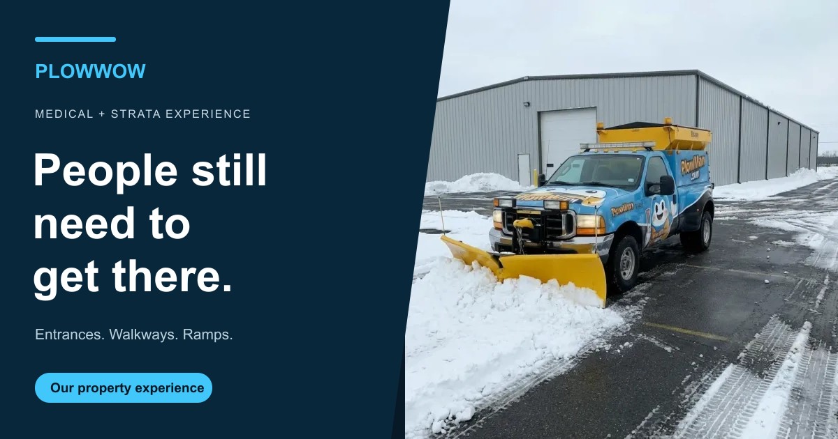 PlowWow winter access artwork featuring the branded plow and salter truck, with the message People still need to get there