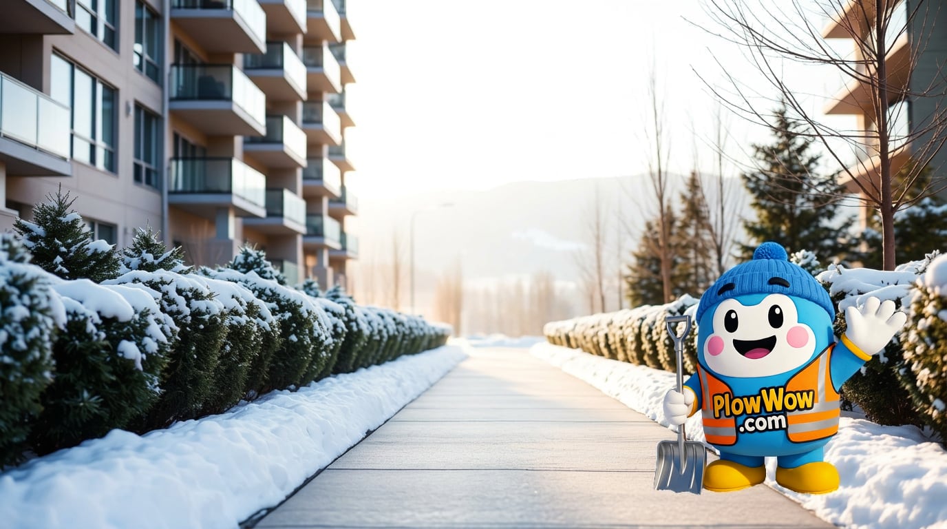 PlowWow mascot beside a cleared walkway at a snow-covered strata property