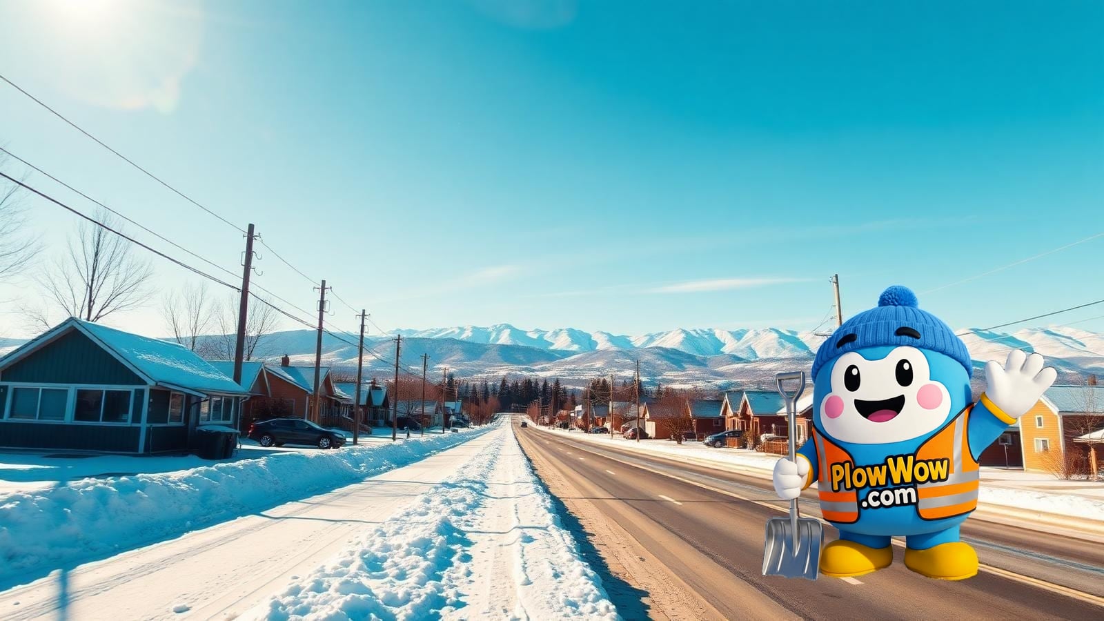 Wow mascot standing alone on a plowed suburban Metro Vancouver street with a dramatic North Shore mountain snowscape and broken winter cloud cover in the background under bright daylight
