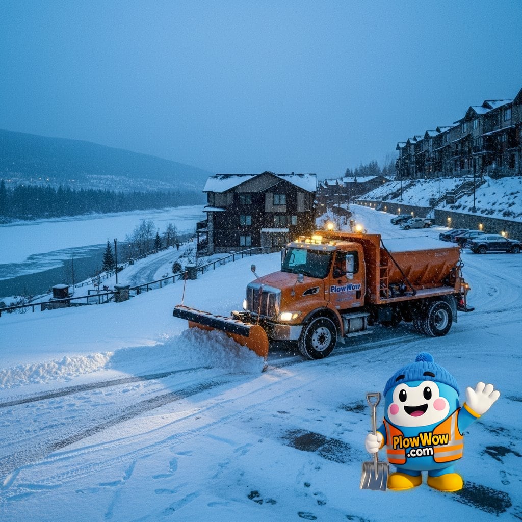 A PlowWow commercial plow truck clearing a Mission strata complex during a heavy winter snowfall event