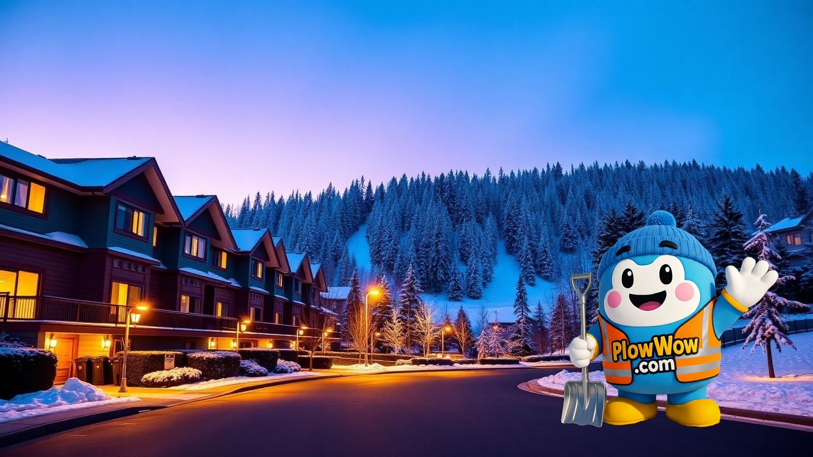 PlowWow mascot waving beside a plowed Montecito Burnaby street at blue dawn, snow-dusted trees and Burnaby landmarks in the background — Montecito Burnaby snow removal