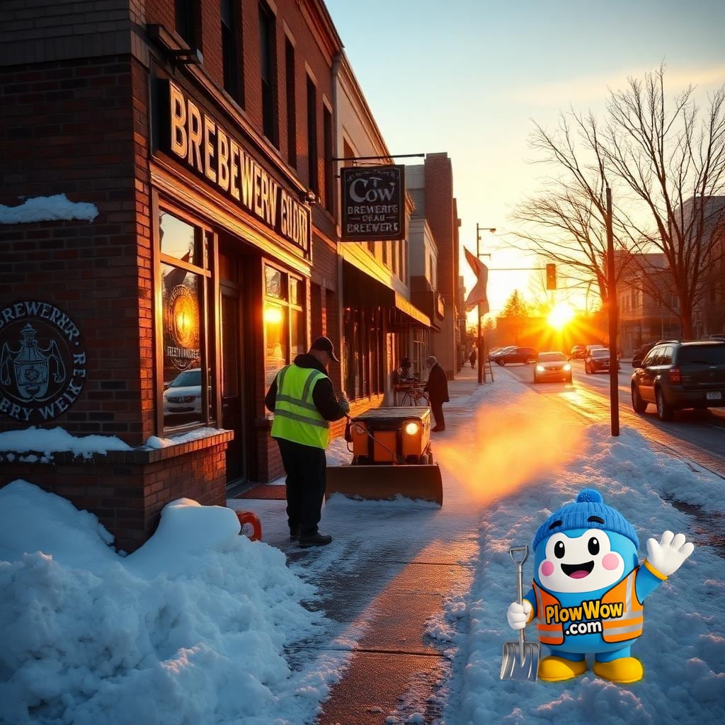 Mount Pleasant East Vancouver snow removal — PlowWow crew salting the snow-covered sidewalk in front of a Main Street brewery and brick storefront at dawn