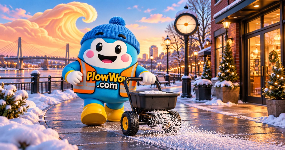 The approved PlowWow Wow mascot in an original illustrated coastal winter scene