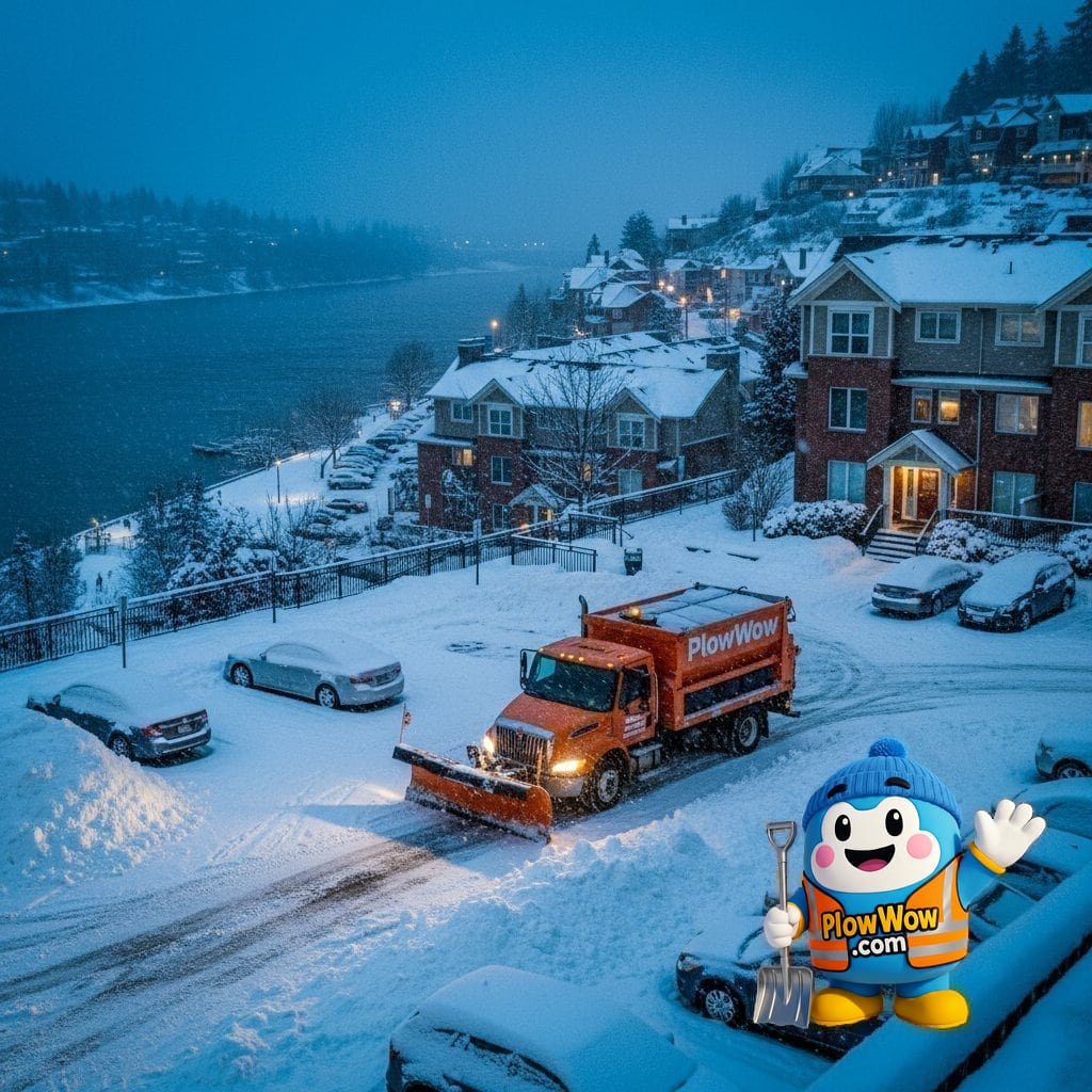 PlowWow Wow mascot with an illustrated winter property scene for New Westminster snow-assistance planning