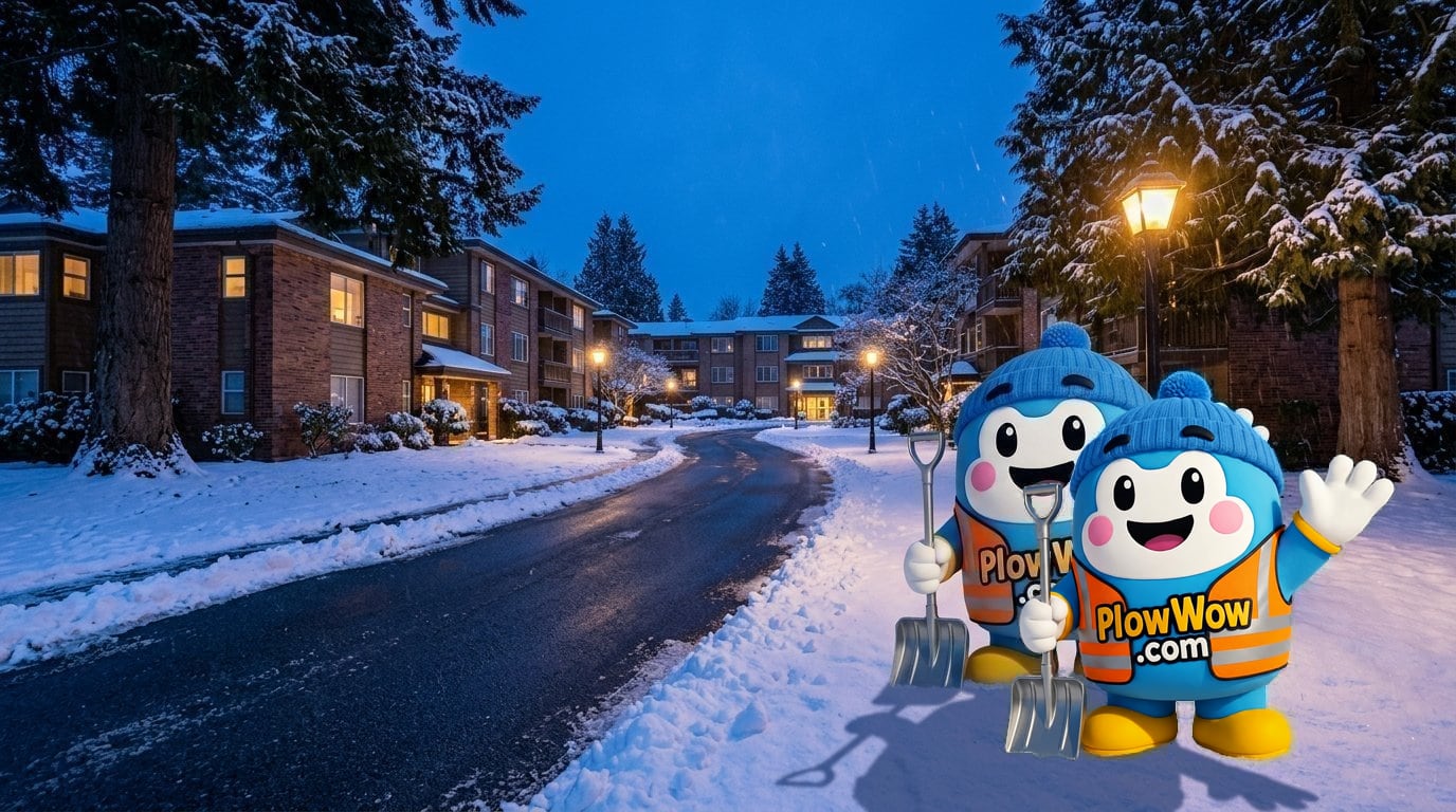 Oakridge Vancouver snow removal — PlowWow mascot waving in front of a freshly plowed low-rise strata complex driveway at blue-hour, snow-dusted evergreens and warm street lamps along the Cambie corridor