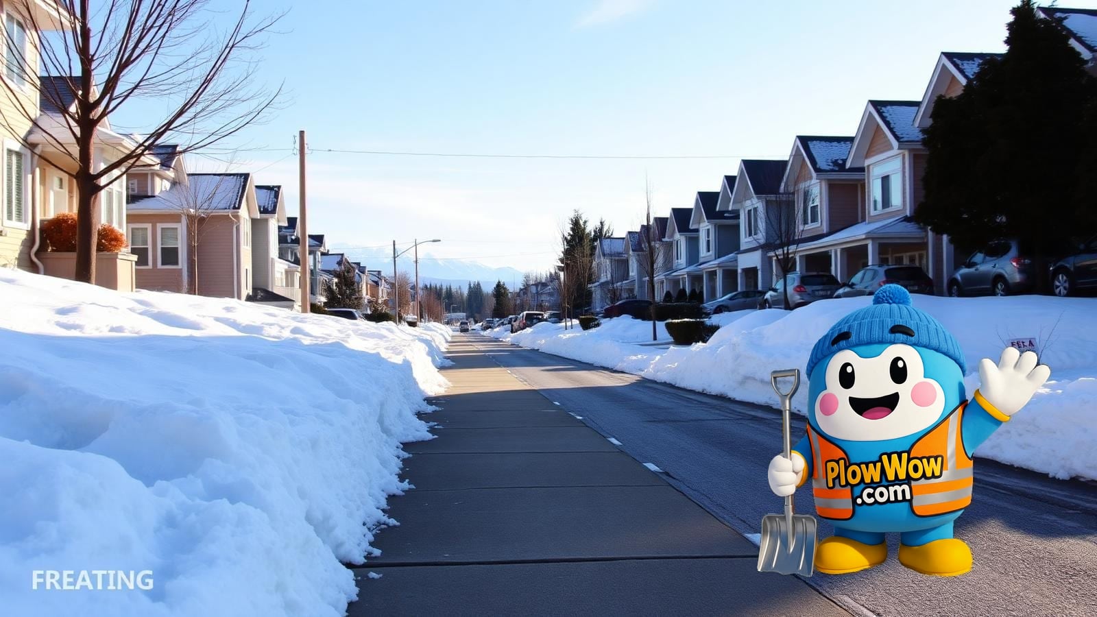 Wow mascot standing alone on a plowed Metro Vancouver residential sidewalk with pet-safe de-icing granules scattered on the concrete and the North Shore mountains visible in the background