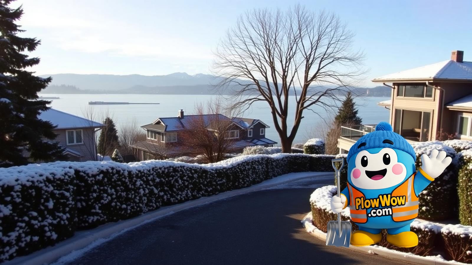 PlowWow husky mascot waving on a freshly plowed Point Grey Vancouver street with English Bay and the North Shore mountains in the distance and modernist cliff-edge homes nearby