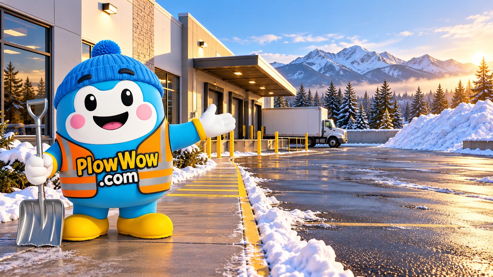 The established PlowWow Wow mascot in an imagined Abbotsford-inspired commercial winter property; original AI-assisted editorial illustration