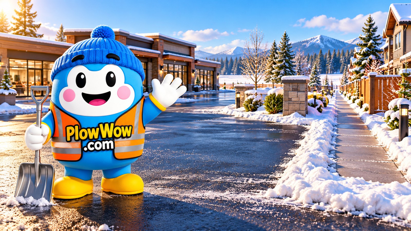 The established PlowWow Wow mascot in an imagined Aldergrove-inspired mixed-use winter property; original AI-assisted editorial illustration