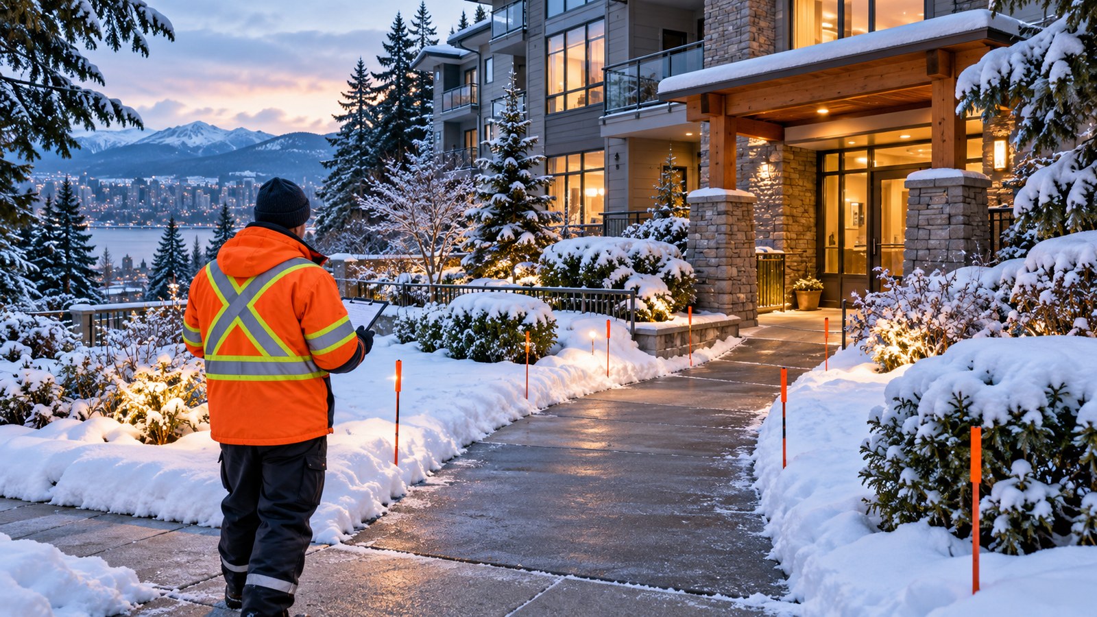 AI editorial illustration of a winter walkway review at an imagined strata property