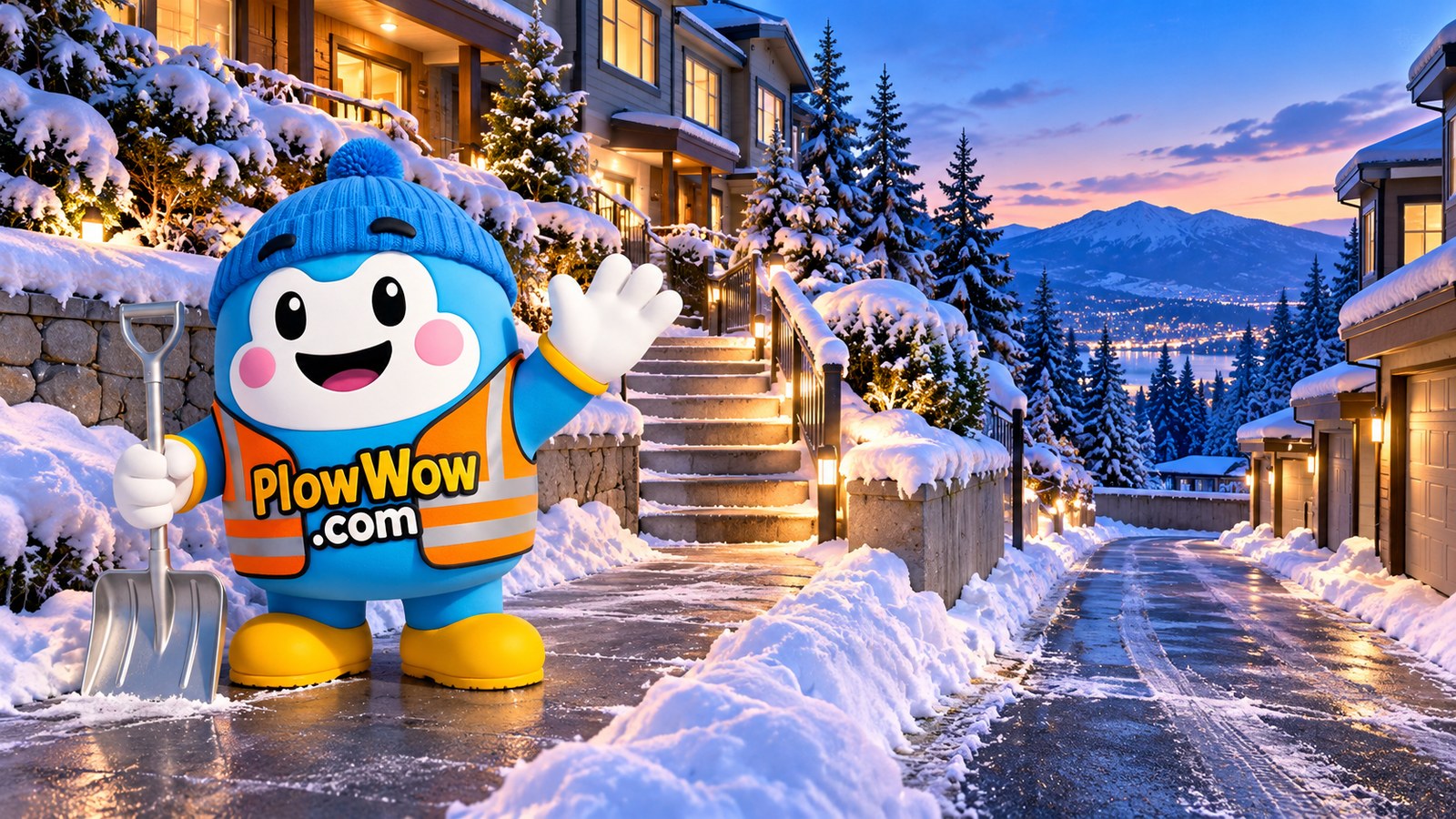 The established PlowWow Wow mascot in an imagined Coquitlam-inspired hillside shared-access setting; original AI-assisted editorial illustration