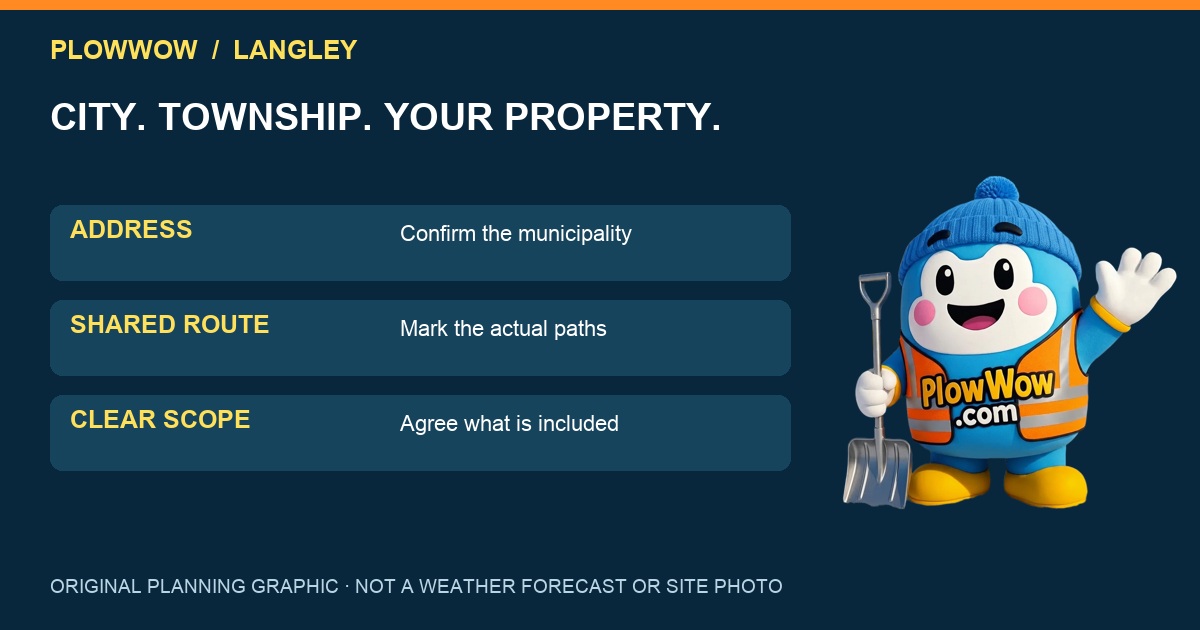 Original PlowWow Langley planning diagram with the Wow mascot: address, shared route, confirmed scope