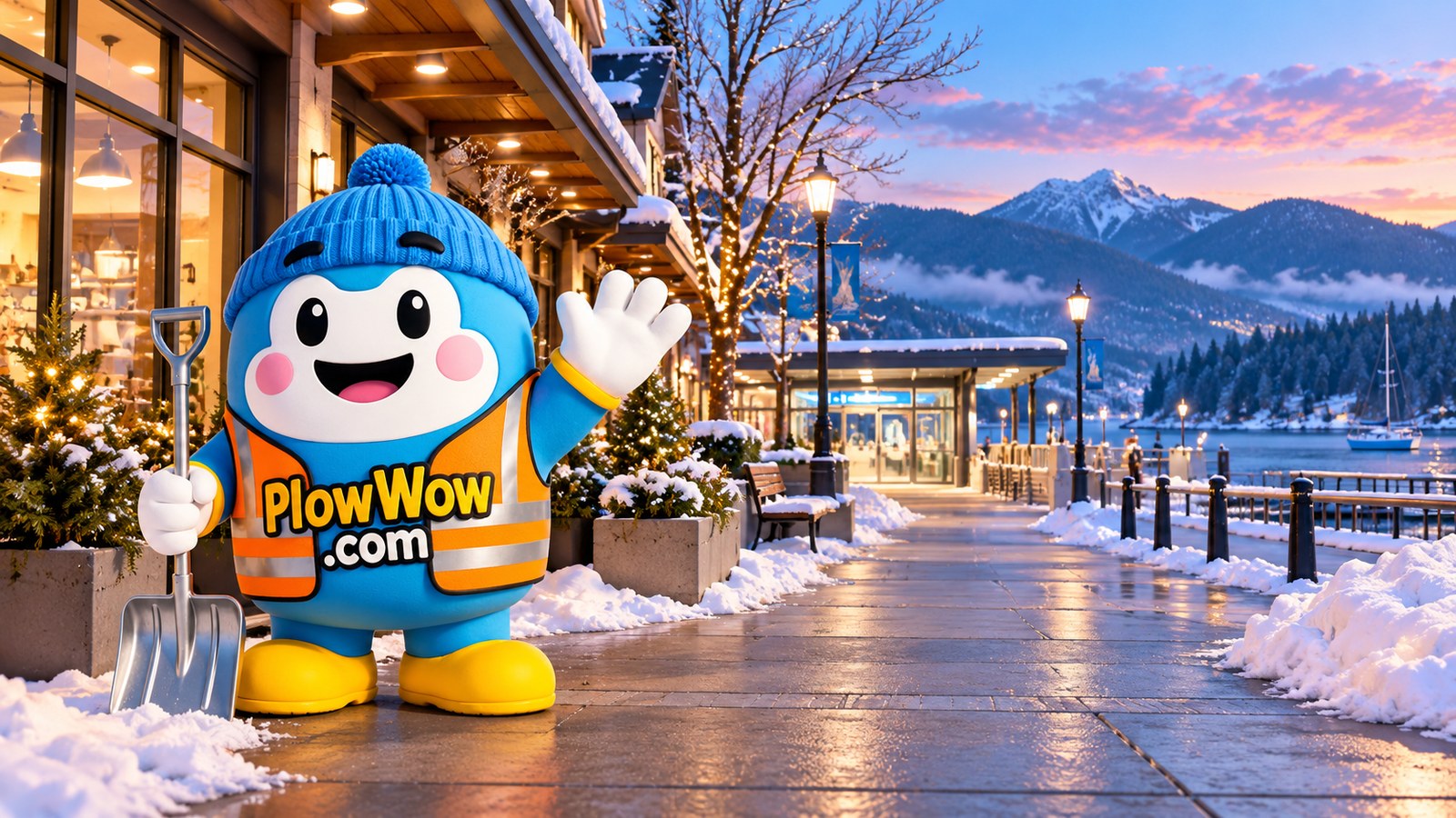 The established PlowWow Wow mascot in an imagined Port Moody-inspired waterfront pedestrian setting; original AI-assisted editorial illustration