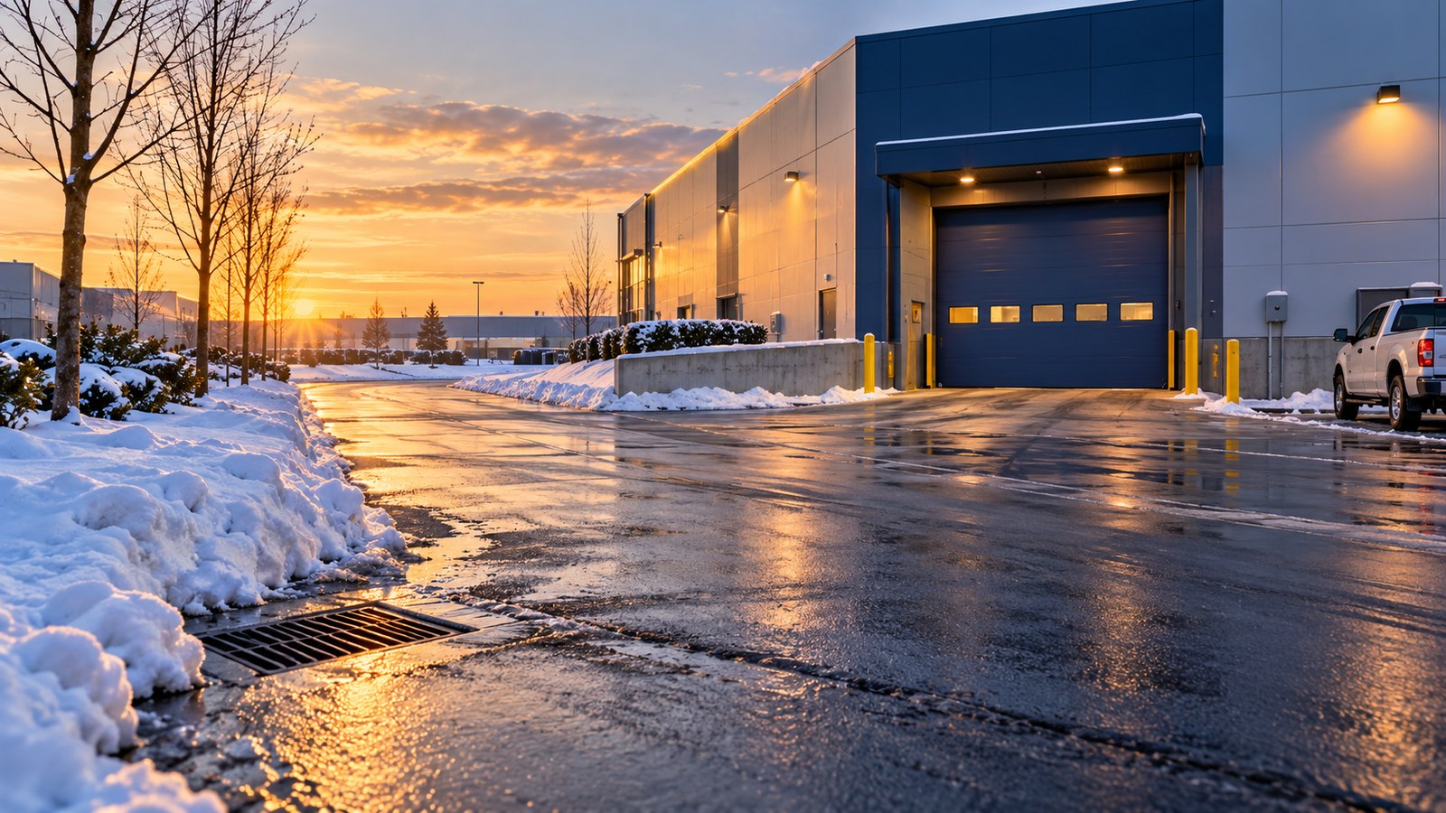 AI-assisted editorial illustration of a snowy commercial loading approach, snow-storage area and drainage grate in an imagined Richmond setting