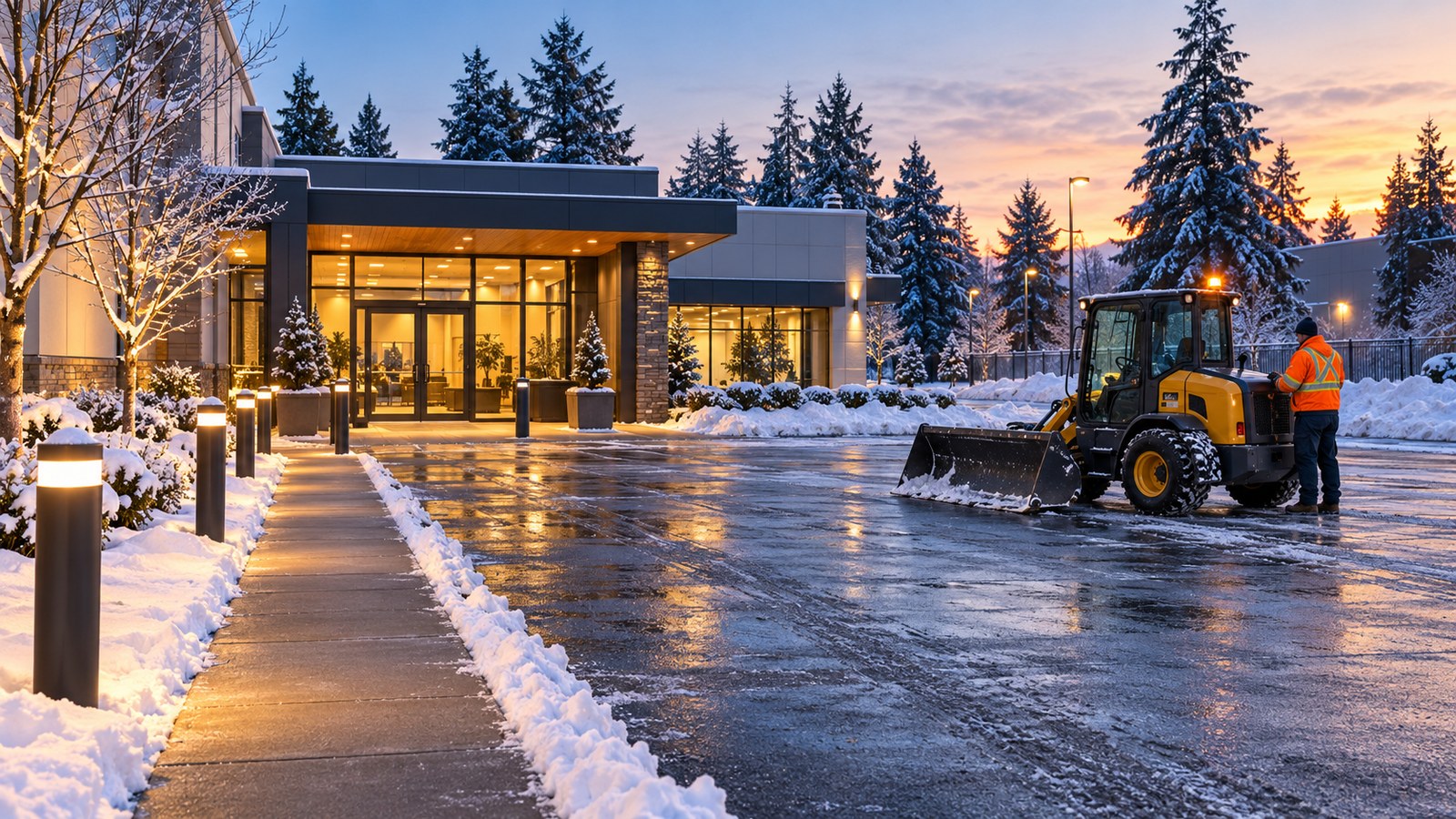 AI-assisted editorial illustration of a service yard, separate pedestrian walkway and parked snow-clearing equipment in an imagined Surrey setting