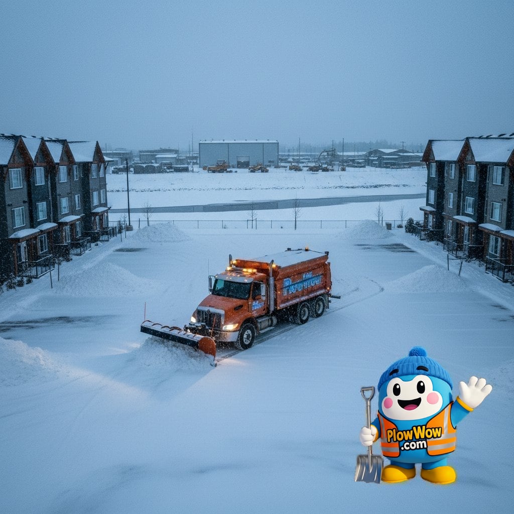 A PlowWow commercial plow truck clearing a Port Coquitlam strata complex during a heavy winter snowfall event