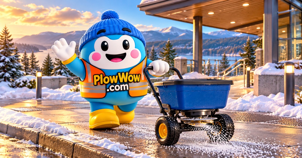 The approved PlowWow Wow mascot in an original illustrated coastal winter scene