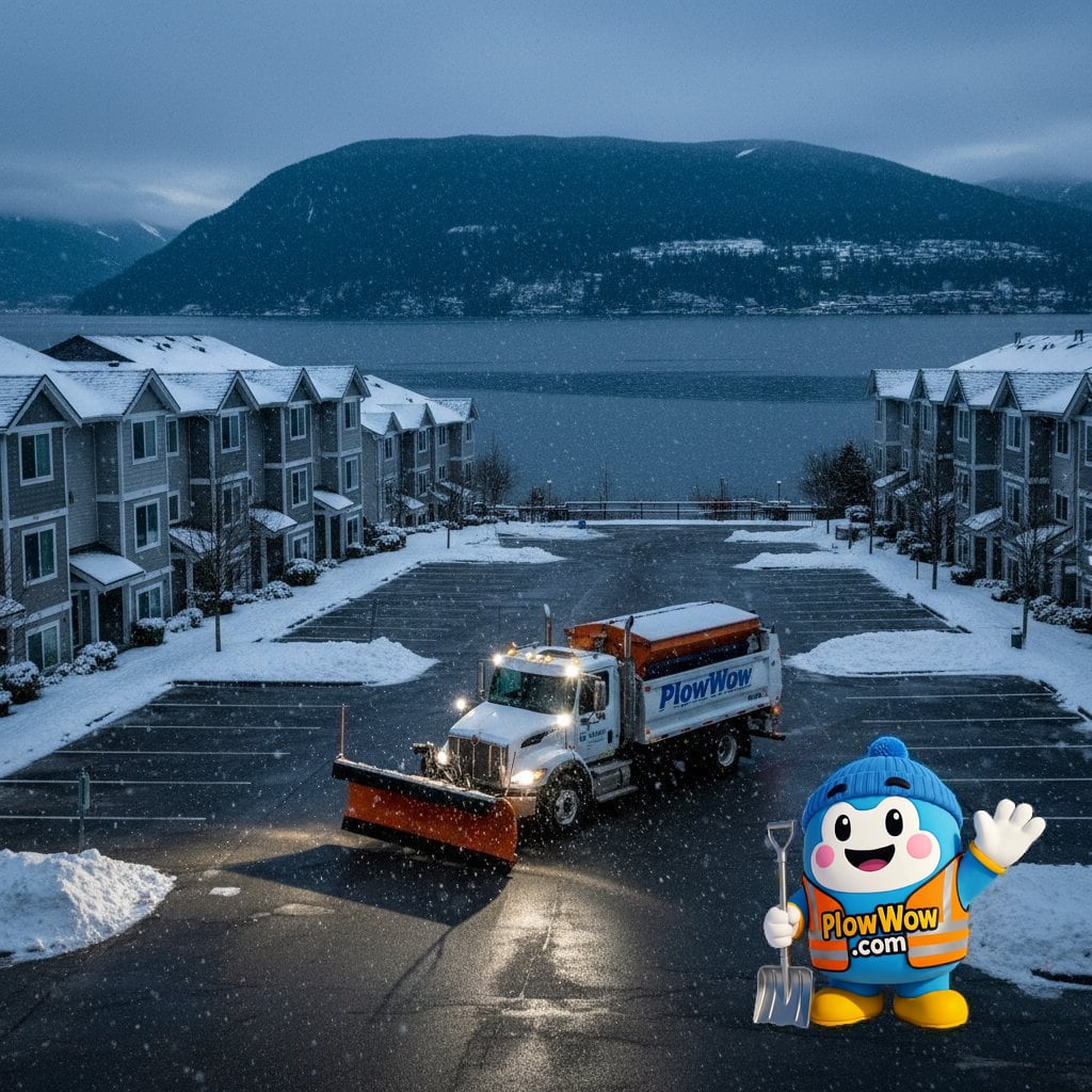 PlowWow Wow mascot with an illustrated winter property scene for Port Moody snow-assistance planning
