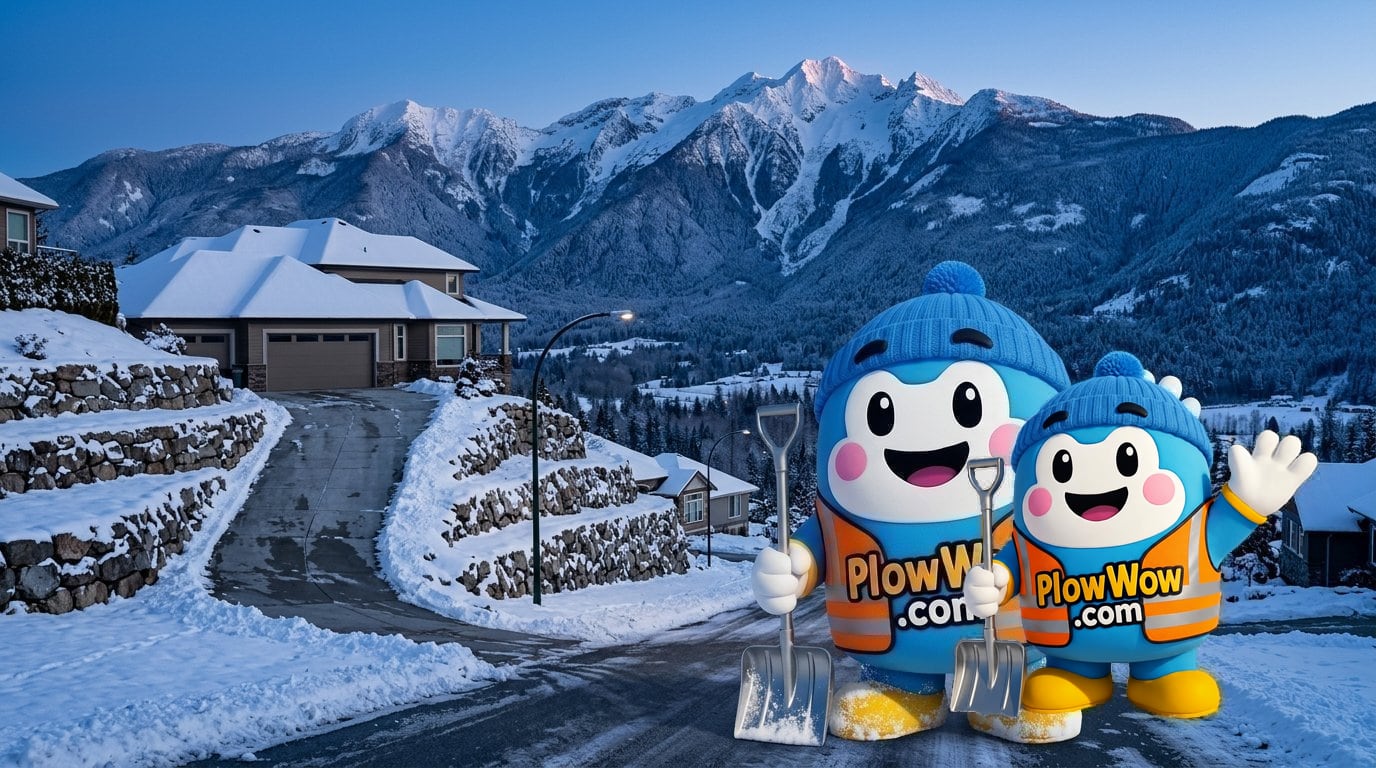 Promontory Chilliwack snow removal — PlowWow mascot waving on a Promontory Chilliwack hillside strata cul-de-sac at blue dawn with plowed steep driveway and snow-covered Cheam Range valley view