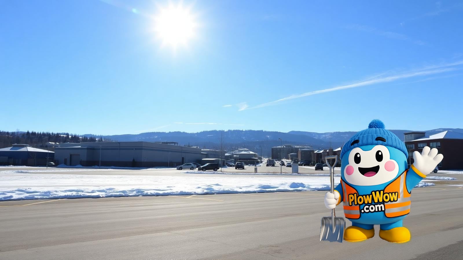 Queensborough New Westminster snow removal — PlowWow mascot waving on a plowed Ewen Avenue sidewalk with snow-dusted townhomes and the Queensborough Bridge at blue-hour dawn