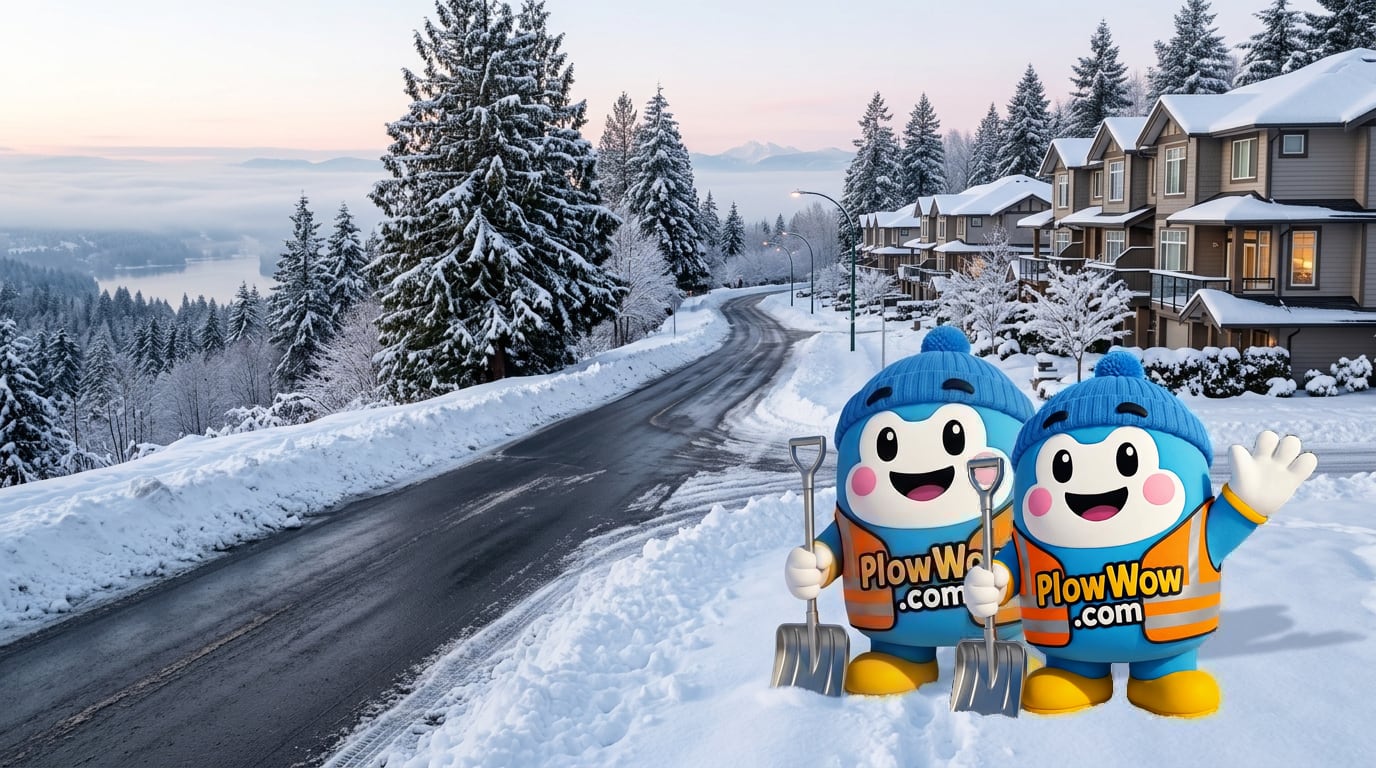 PlowWow mascot waving beside a plowed Ranch Park Coquitlam street at blue dawn, snow-dusted trees and Coquitlam landmarks in the background — Ranch Park Coquitlam snow removal