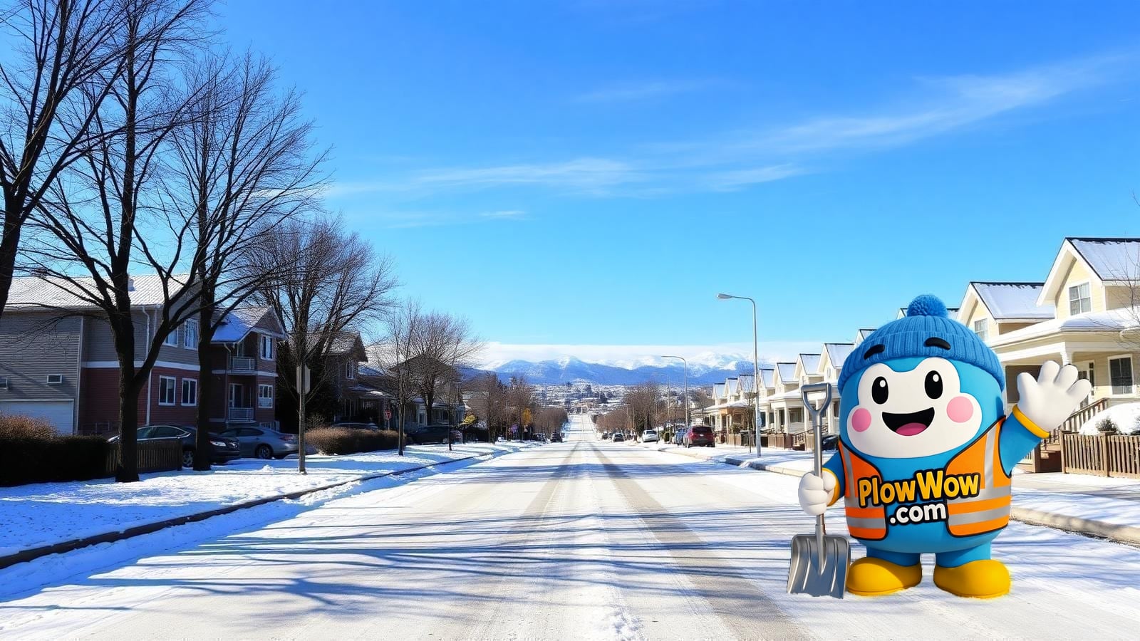 Wow mascot standing alone on a plowed Renfrew-Collingwood East Vancouver residential street with the elevated SkyTrain Millennium Line guideway and snow-dusted character homes in the background