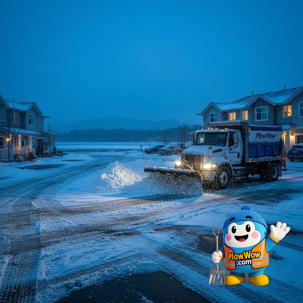 A PlowWow commercial plow truck clearing a Richmond strata complex during a heavy winter snowfall event
