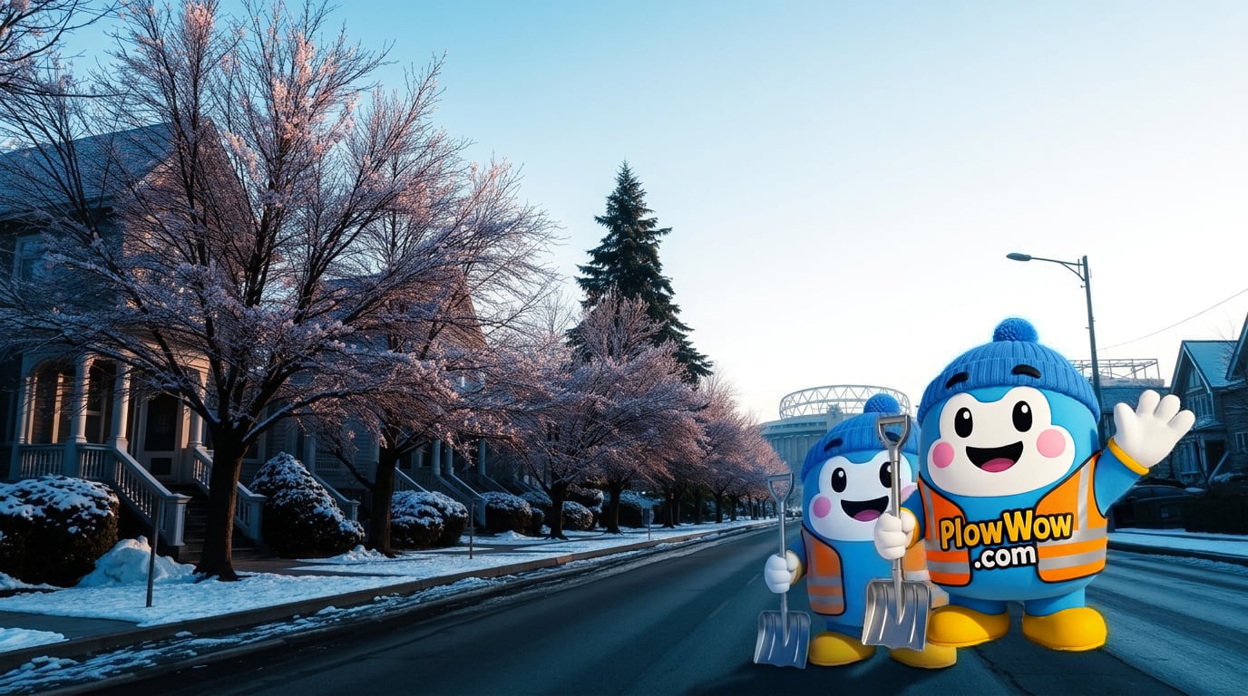 PlowWow mascot waving on a plowed Riley Park Vancouver street at blue dawn with heritage homes, cherry trees and Nat Bailey Stadium in the distance
