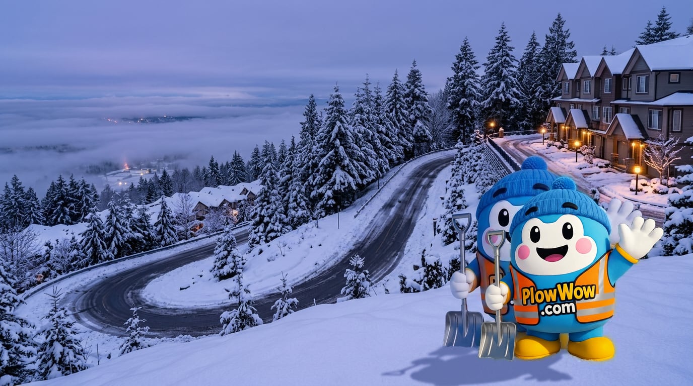 PlowWow mascot waving beside a plowed River Springs Coquitlam street at blue dawn, snow-dusted trees and Coquitlam landmarks in the background — River Springs Coquitlam snow removal