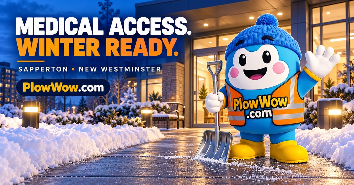 Wow, the PlowWow mascot, beside an imagined cleared medical-office entrance, with the words Medical access. Winter ready. Sapperton, New Westminster.
