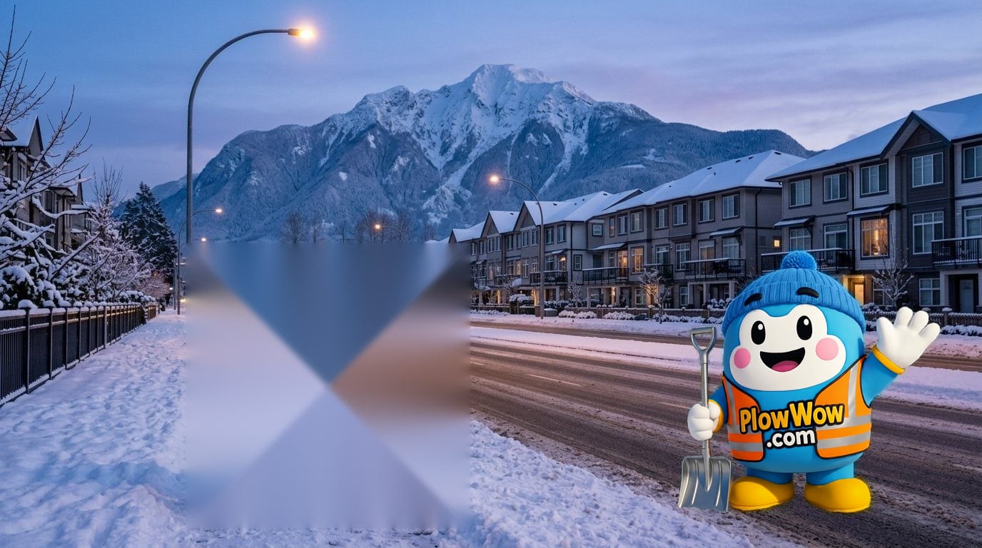 Sardis Chilliwack snow removal — PlowWow mascot waving on a Sardis Vedder Road at blue dawn with plowed lanes, snow-dusted Garrison Crossing townhomes and Mount Cheam behind