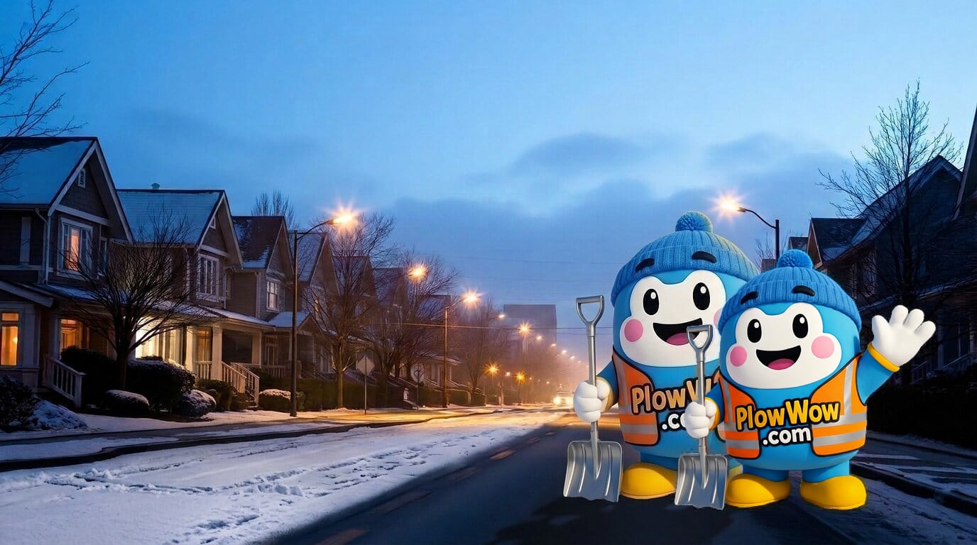 PlowWow mascot waving on a snowy Seafair Richmond residential street at blue dawn with local strata townhomes and Railway Avenue and Francis Road in the distance
