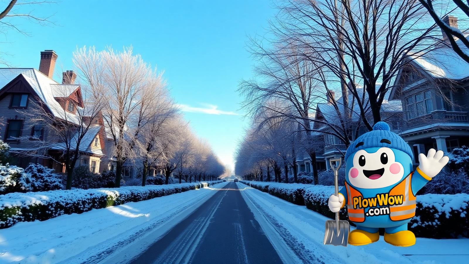 PlowWow husky mascot waving on a freshly plowed tree-lined Shaughnessy boulevard at blue dawn with snow-dusted heritage mansions and mature chestnut trees