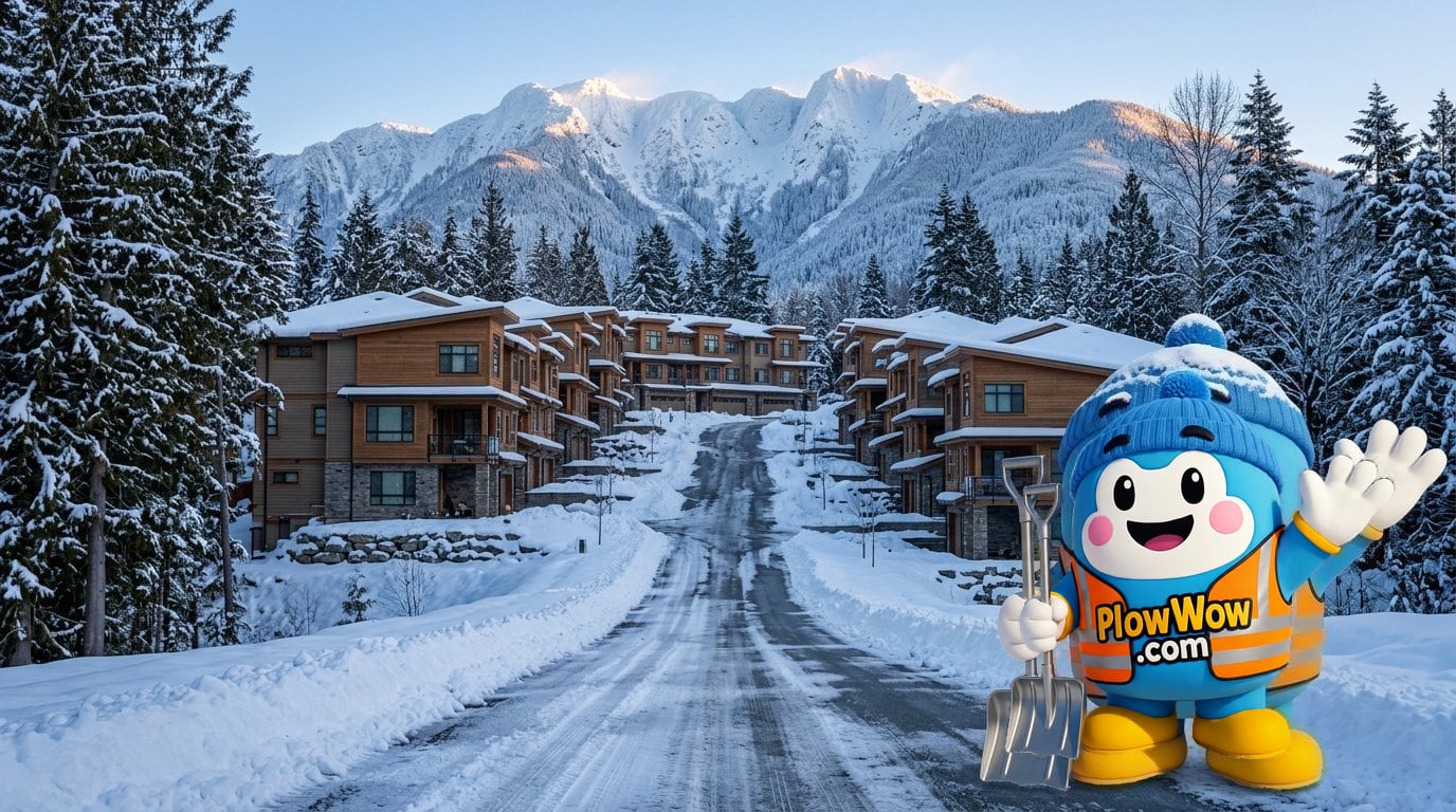 Silver Valley Maple Ridge snow removal — PlowWow mascot waving on a Silver Valley hillside townhome complex at blue dawn with plowed steep driveway, snow-covered cedars and Golden Ears mountains behind