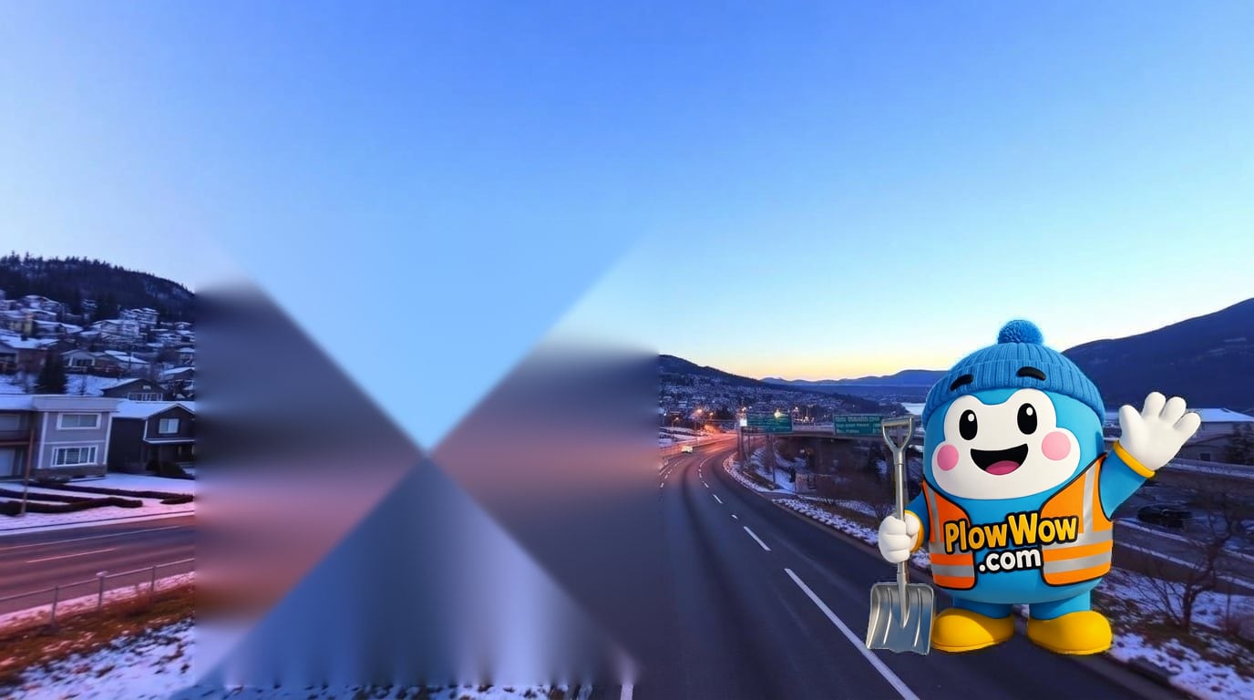 PlowWow mascot waving on a snowy Silverdale Mission residential street at blue dawn with local strata townhomes and Lougheed Highway west of Nelson Street in the distance
