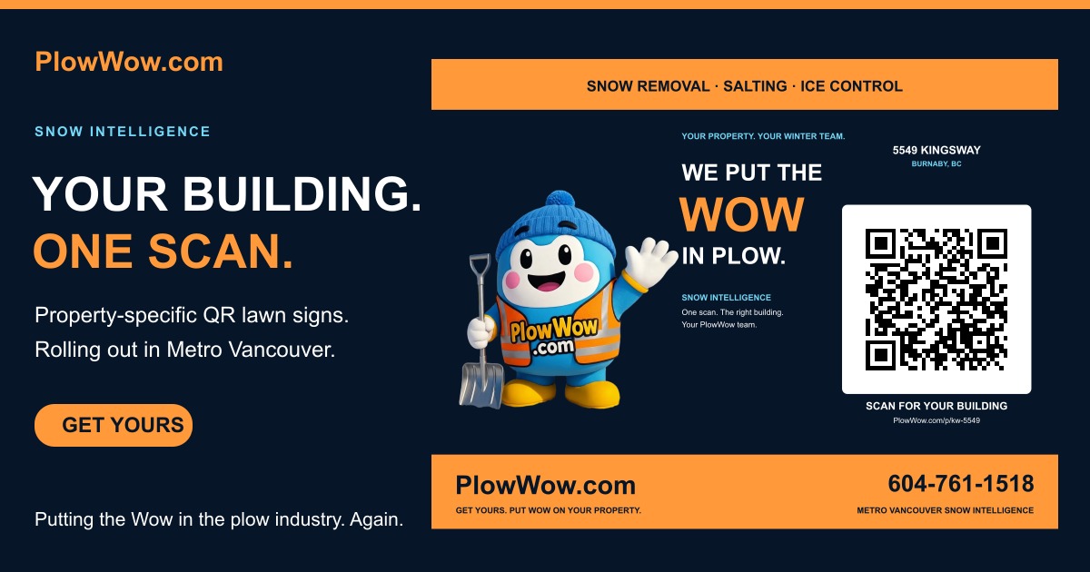 PlowWow’s Snow Intelligence QR lawn sign for 5549 Kingsway, with a building-specific code and direct snow-team contact