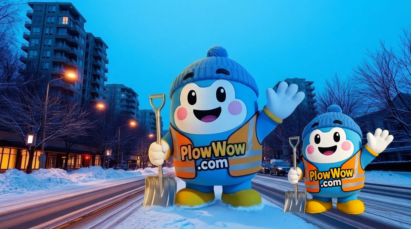 PlowWow mascot waving on a snowy South Cambie Vancouver residential street at blue dawn with local strata townhomes and Cambie Street between 41st and King Edward in the distance