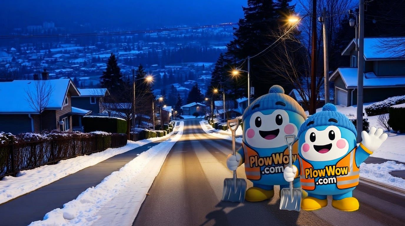 PlowWow mascot waving on a freshly plowed South Slope Burnaby hillside street at blue dawn with Fraser River valley lights below and snow-lined cedar hedges