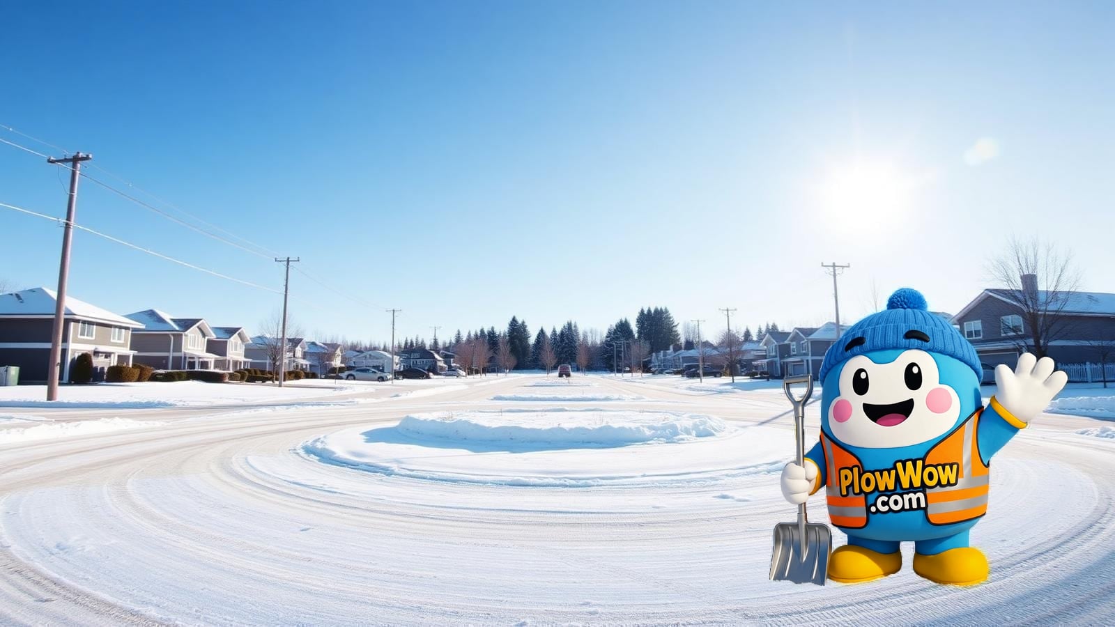 Wow mascot standing alone on a plowed Sperling-Duthie Burnaby hillside street with snow-covered mid-century homes and the forested slope of Burnaby Mountain rising in the background