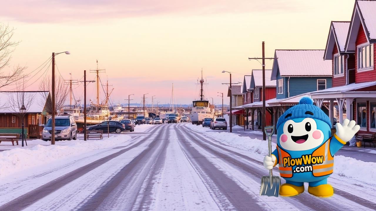 Snow-dusted Steveston village street with historic fishing boats in the harbor at dawn